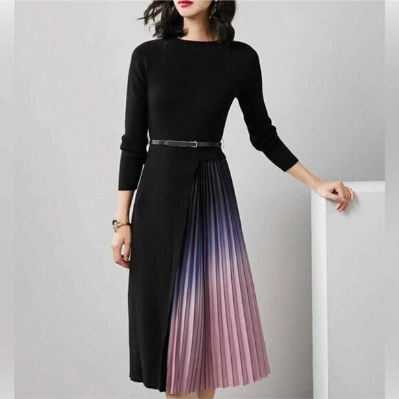 NWT Dalia MacPhee Midi Sweater Dress Black Pink Asymmetrical Pleated Knit Small - Picture 1 of 12